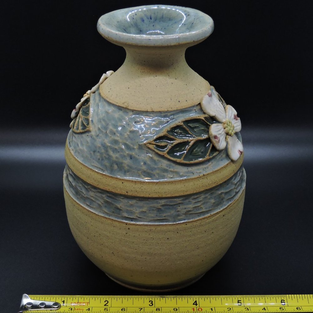 Stoneware Banded Glaze Magnolia Flower Vase Signed - Picture 14 of 15